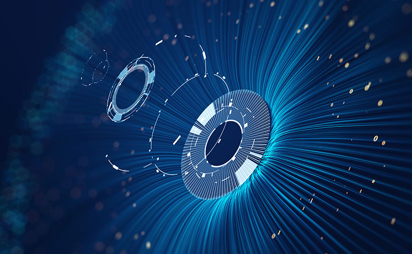 Blue cyber space with light trails and digital rings.