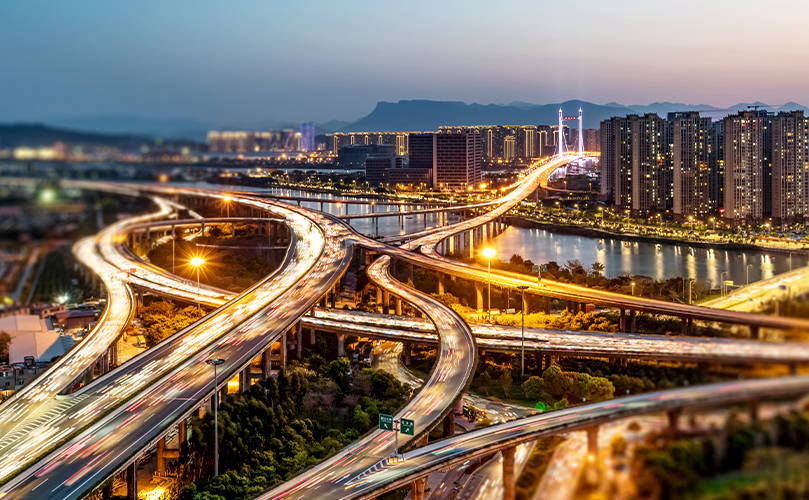 Combined highways with a city ad backdrop
