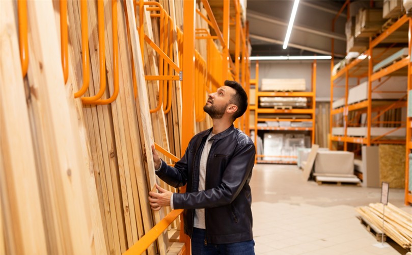 A warehouse with many buckets of paint.