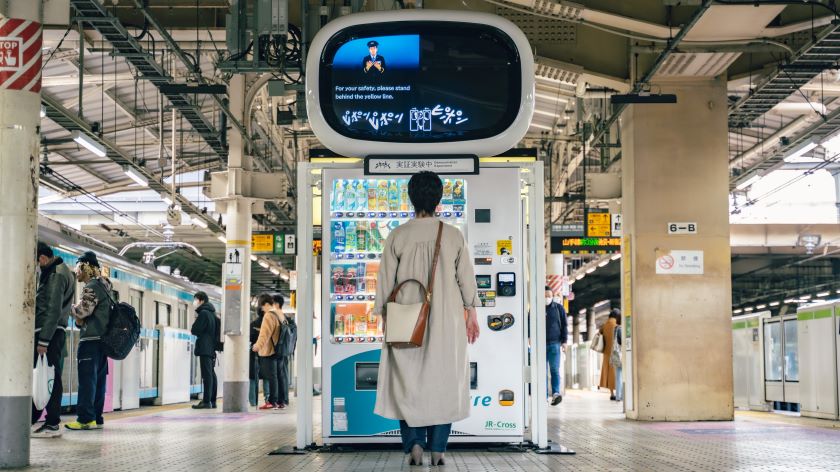 At a train platform, a woman looks at the Ekimatopeia on a vending machine. The Ekimatopeia display shows an illustration of a train door closing and hand-written letters “pi-pon—pi-pon.” It also plays a sign language video of the announcements and displays English subtitles.