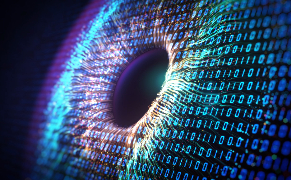 Digital eye with binary code iris.