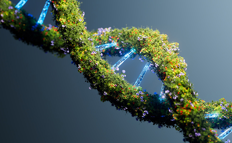 DNA strand covered in lush greenery and small flowers.