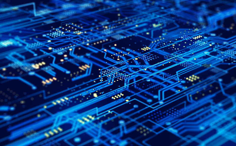 Close-up of a blue computer circuit board.