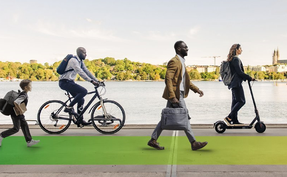 Diverse commuters: child, cyclist, walker, scooter rider.