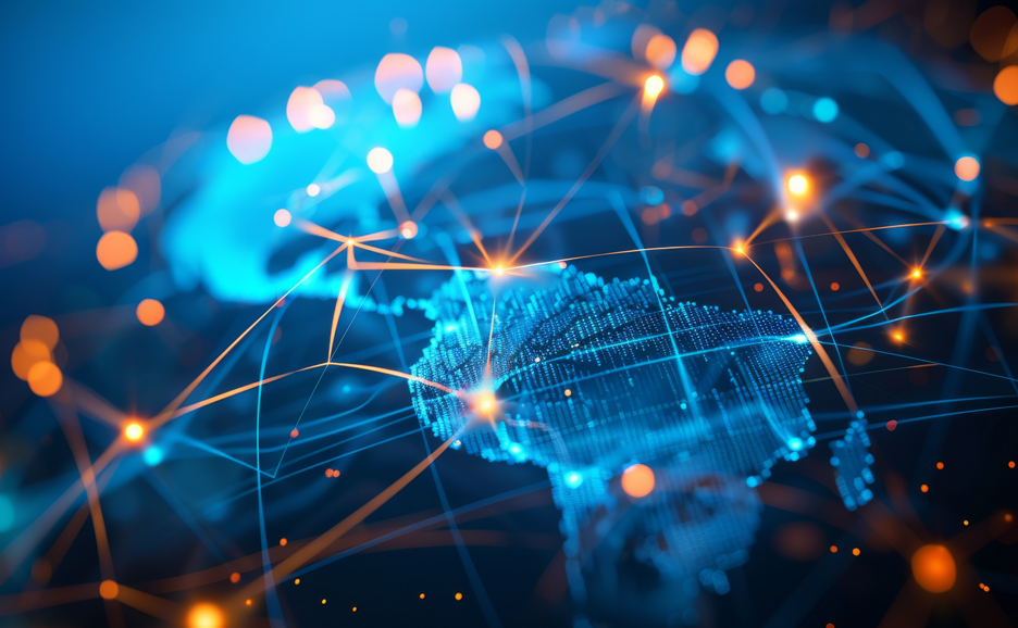 Digital map of the world with glowing lines and dots connecting continents, representing global network and data flow.
