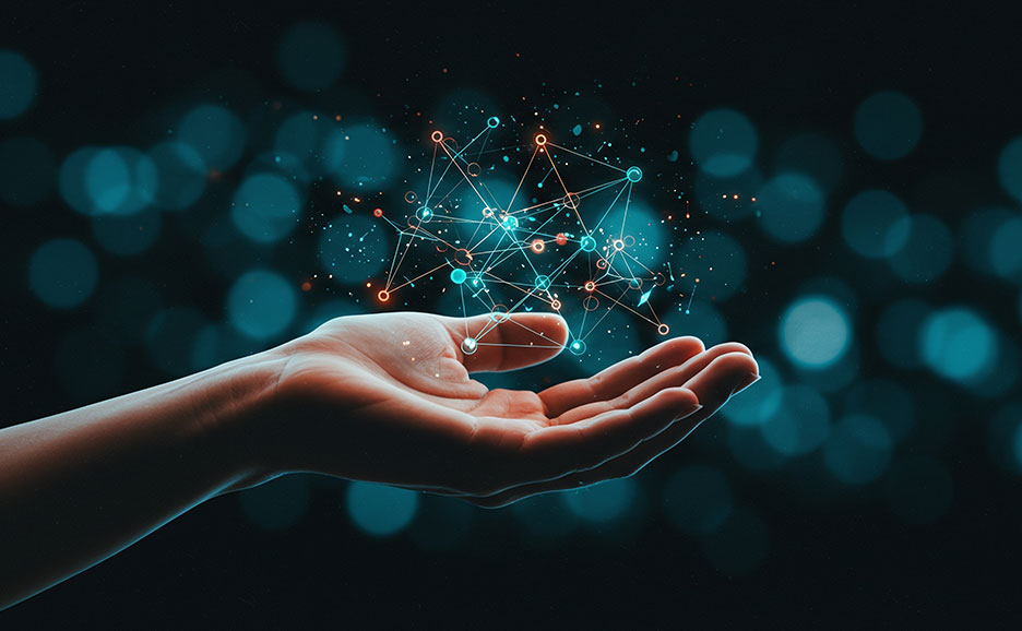 Hand holding glowing network with bokeh. Future tech.