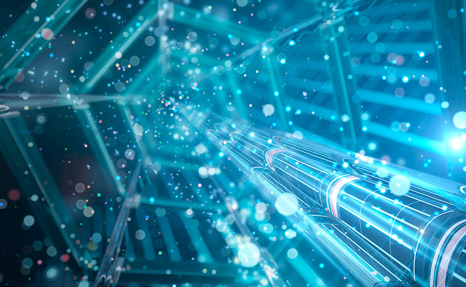 Abstract digital technology background with glowing lines and particles.