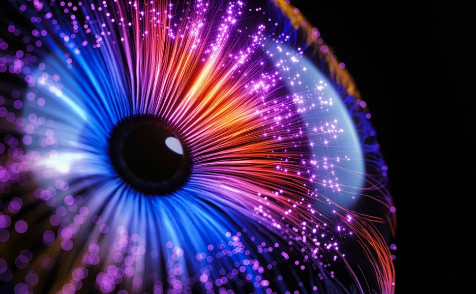 A stylized digital eye with colorful fiber optic strands emanating from the pupil.