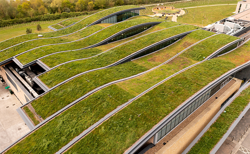 A vibrant green roof atop a modern building, emphasizing eco-friendly design and environmental sustainability.