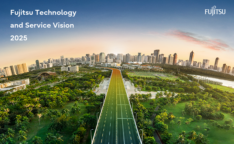 A futuristic landscape with a road running through a lush park to the edge of a city