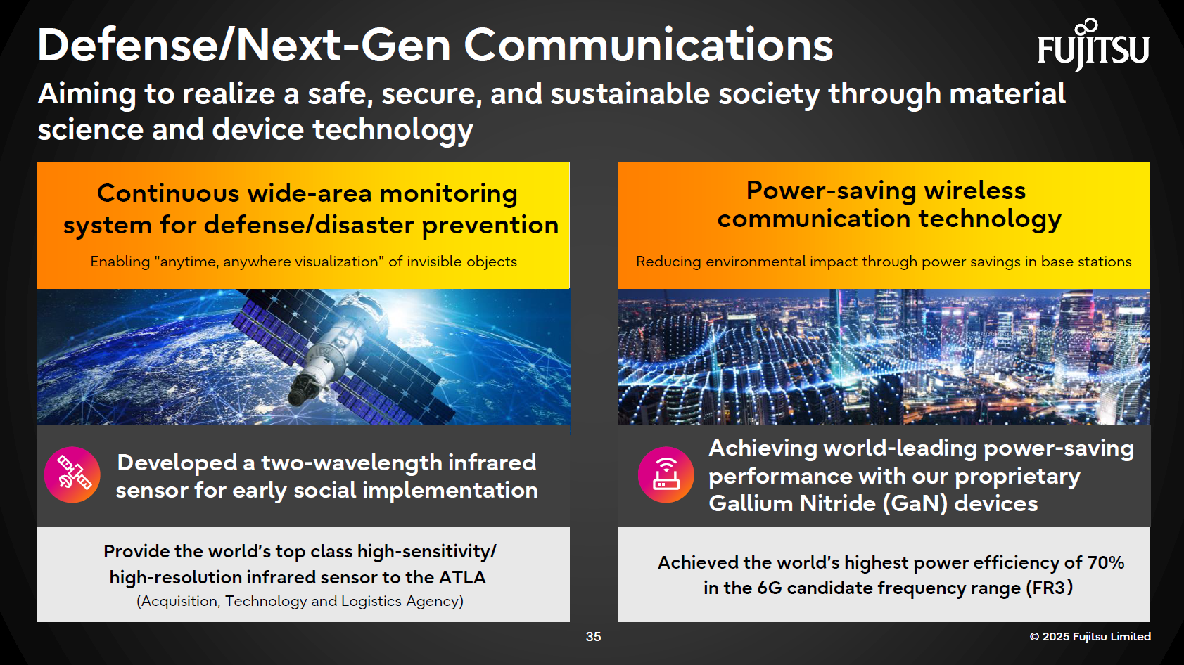 Defense and next-generation communications: Aiming for a safe, secure, and sustainable society through material science and device technology. Featuring world-class high-sensitivity, multi-pixel infrared sensor technology for defense surveillance and power-saving wireless communication technology using gallium nitride devices.